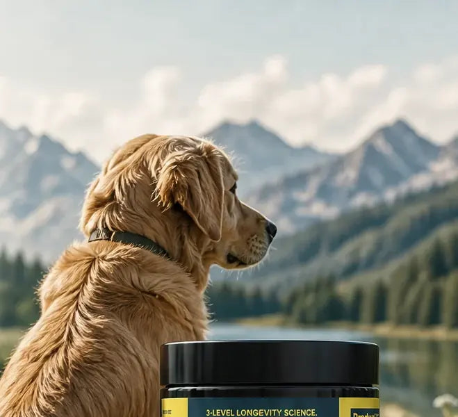A golden retriever sitting beside a lake, with a tub of Dog Longevity Complex in the foreground