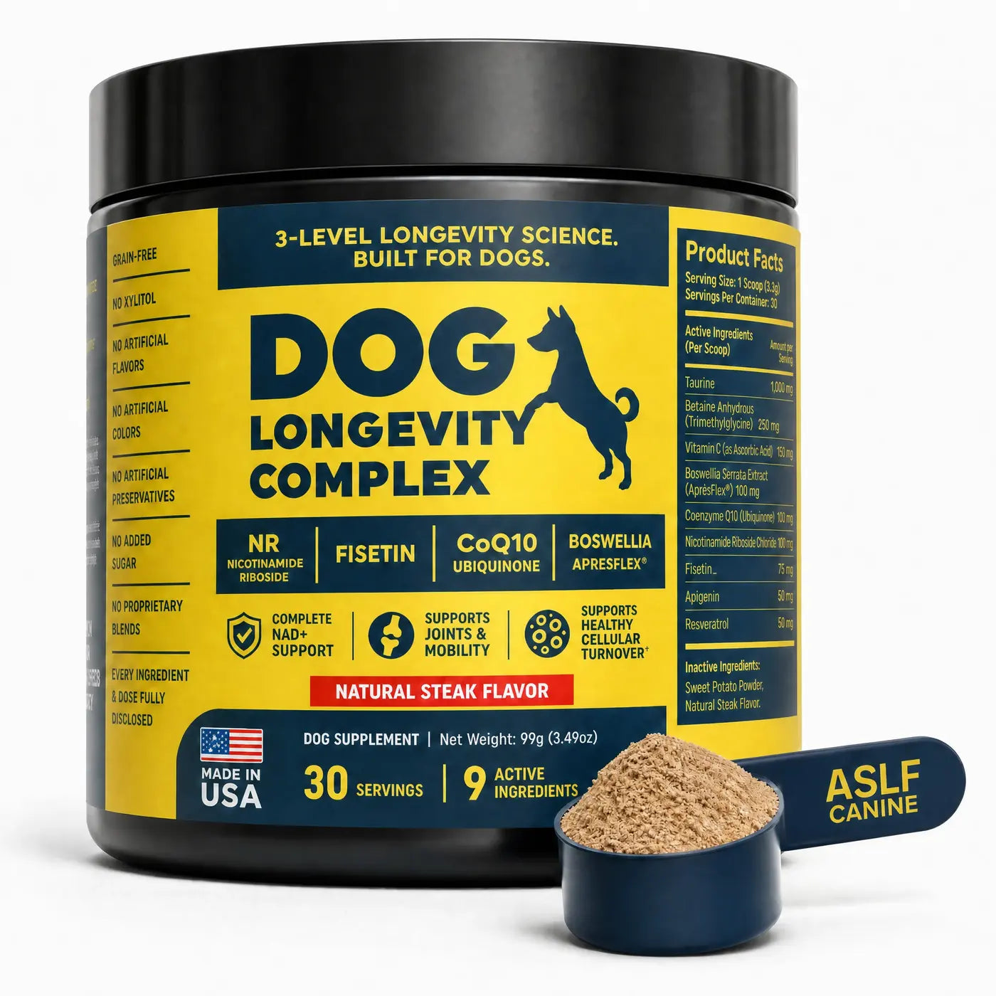 Tub of Dog Longevity Complex beside a scoop of steak-flavored powder marked ASLF Canine