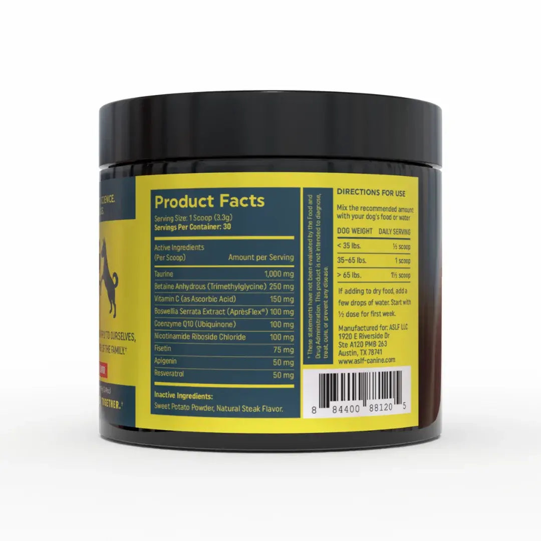 Product Facts panel and feeding directions on the Dog Longevity Complex tub
