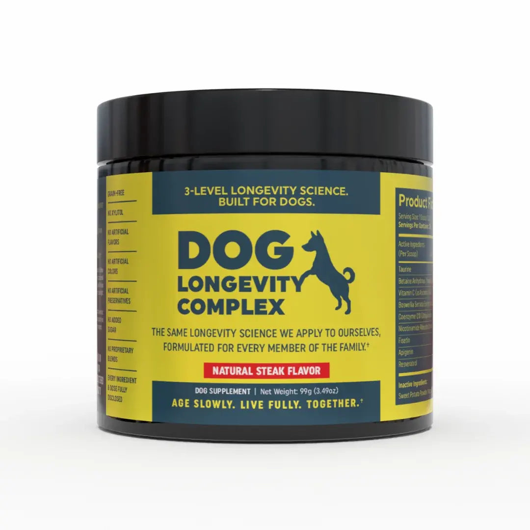 Front of the Dog Longevity Complex tub, natural steak flavor, 99 grams