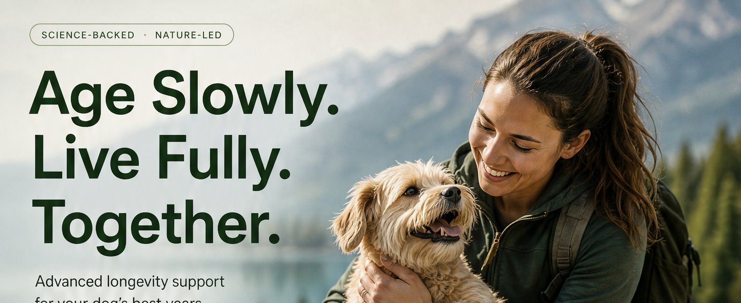 Dog Longevity Complex with the line Age slowly. Live fully. Together.